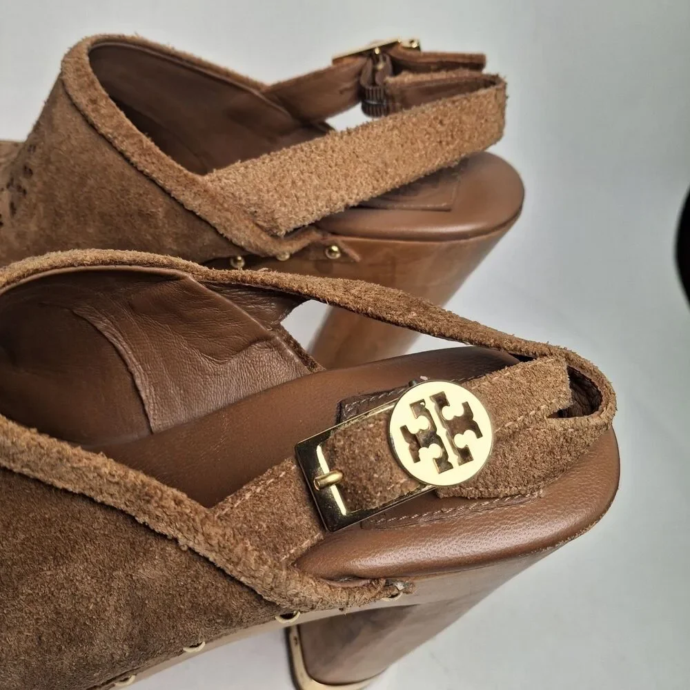 Tory Burch Brayden Slingback Clog 8M Brown Gold Wood Heel Studded Summer Party